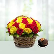 Lovely Yellow & Red Roses Basket with Chocolate Cake