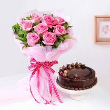 Sweet Memories Pink Roses Bouquet & Chocolate Cake