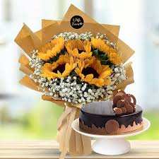Bright Sunflower Bouquet with Truffle Cake