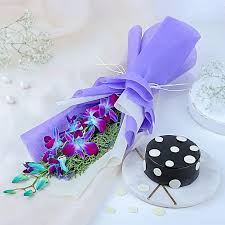 Enchanted Blue Orchid Flower Bouquet with Chocolate Cake