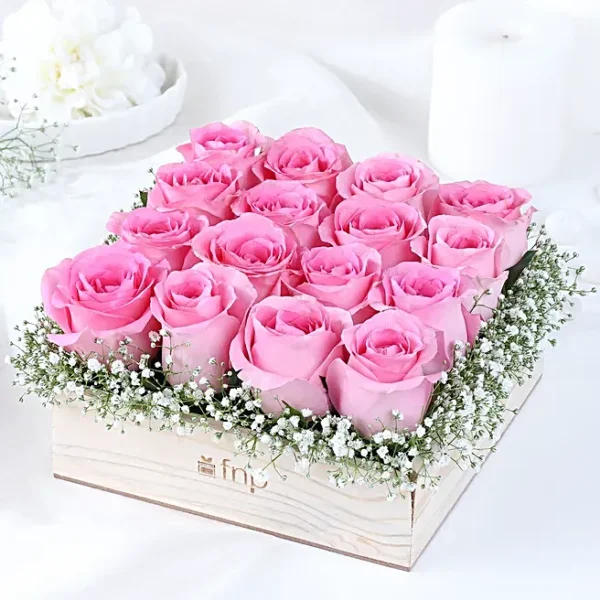 Pink Roses In Base 16 pink roses arrangement in wooden base - Floragalaxy